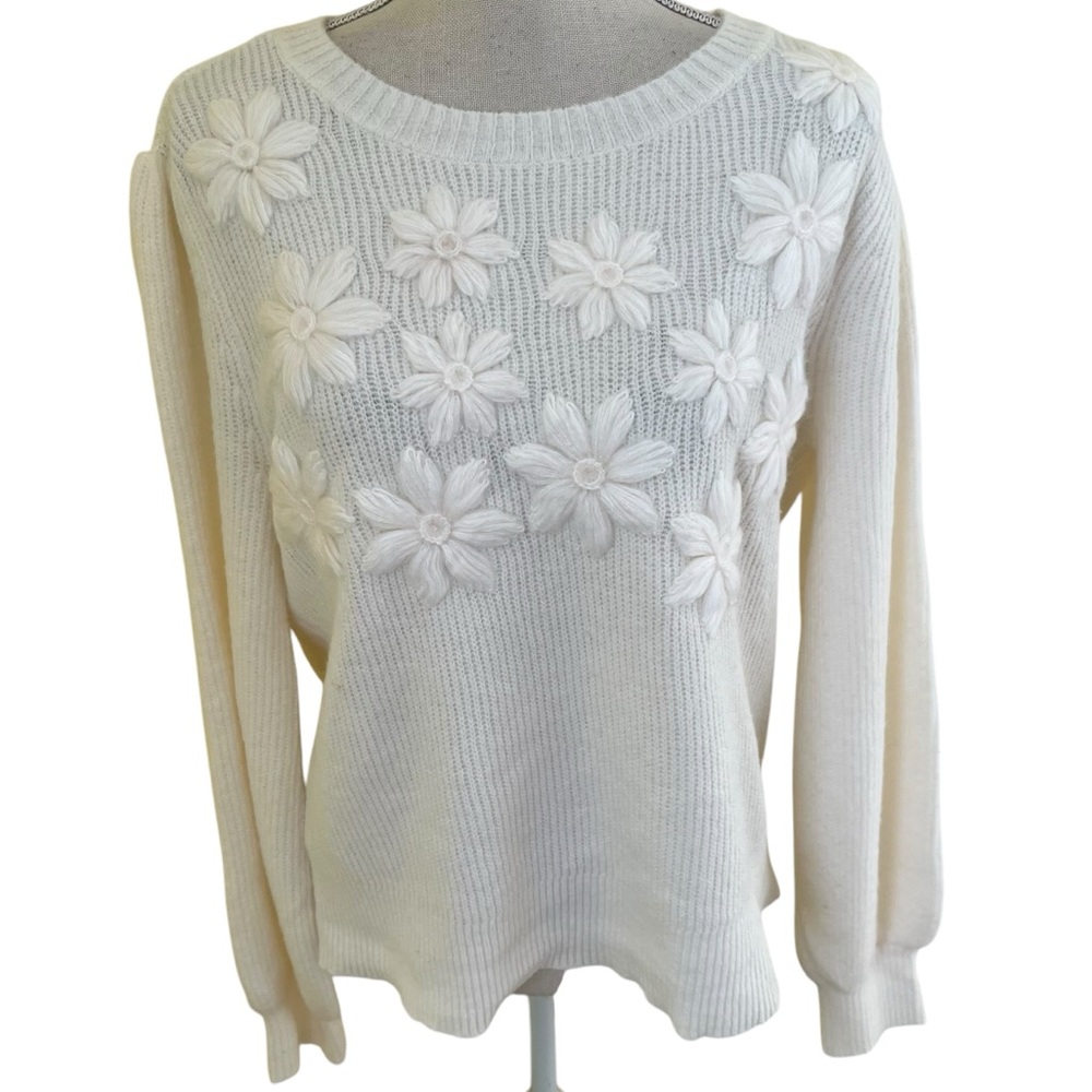 Liz Claiborne Cream Balloon Sleeve Sweater with Cream Flower Embroidery XL